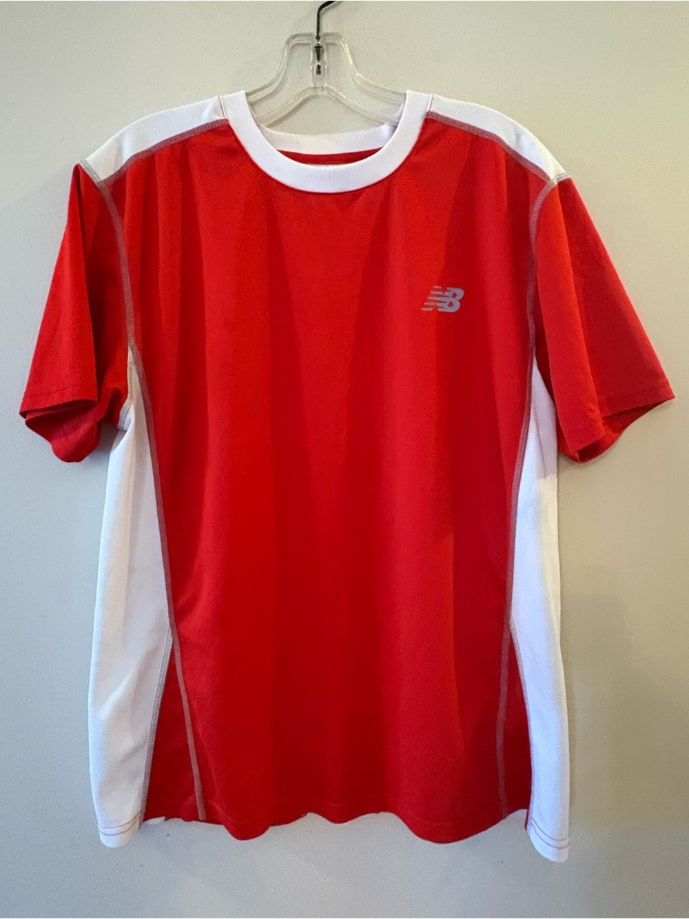 New Balance Red and white striped athletic breathable T-shirt Neck. Sz M.
